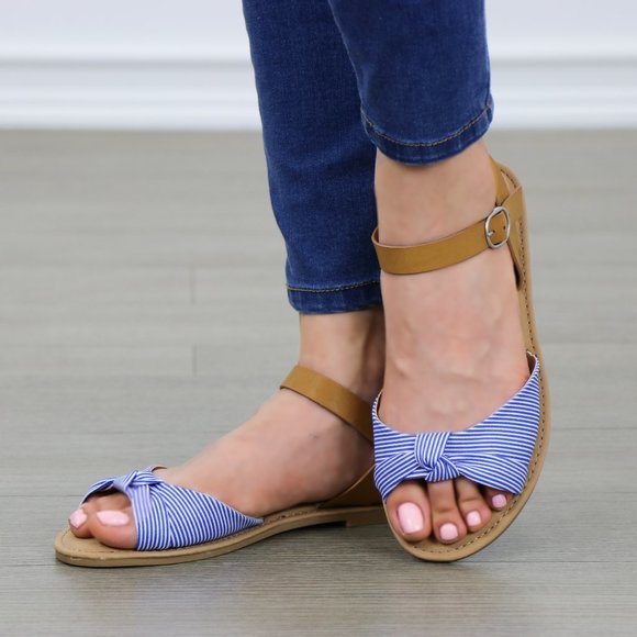 Cute Blue & White Flat Striped Sandals - Picture 7 of 9